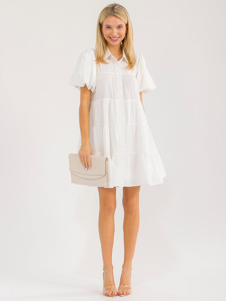 WOMEN'S SHORT SLEEVE BUTTON UP TIERED LOOSE FIT MINI DRESS
