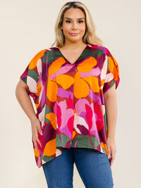 ENTRO PLUS SIZE SHORT SLEEVE V-NECK MULTI PRINT HIGH-LOW BLOUSE