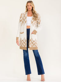 WOMEN'S LONG SLEEVE V-NECK COLORBLOCK FRONT POCKETS DETAILED CARDIGAN