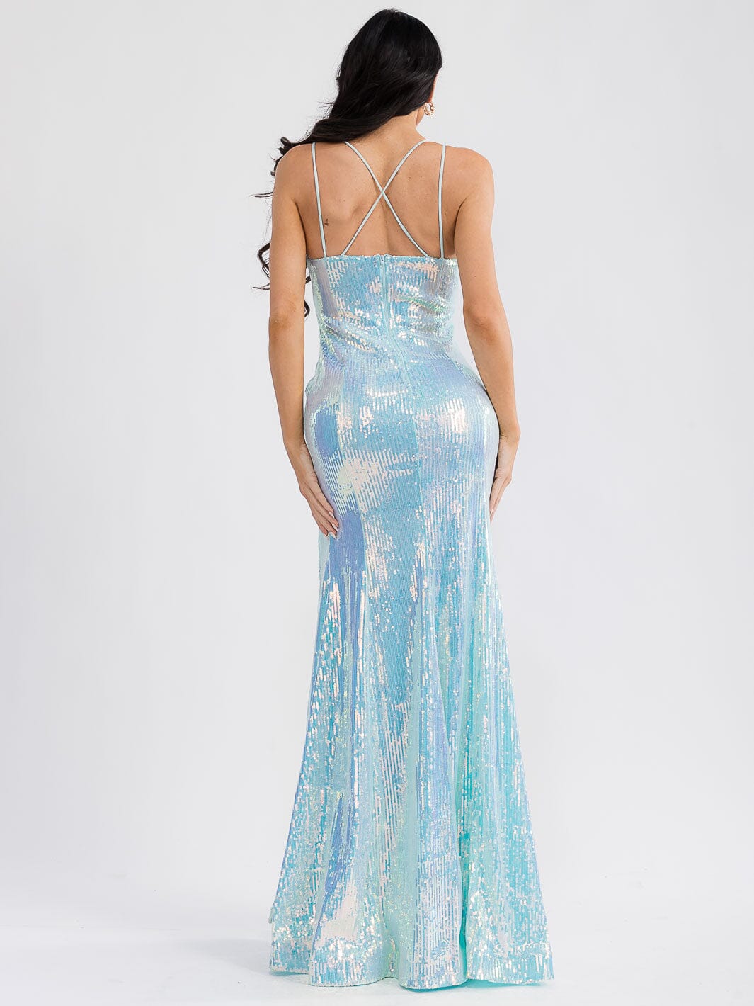 WOMEN'S SLEEVELESS V-NECK FRONT SLIT SEQUINS BODYCON MAXI DRESS