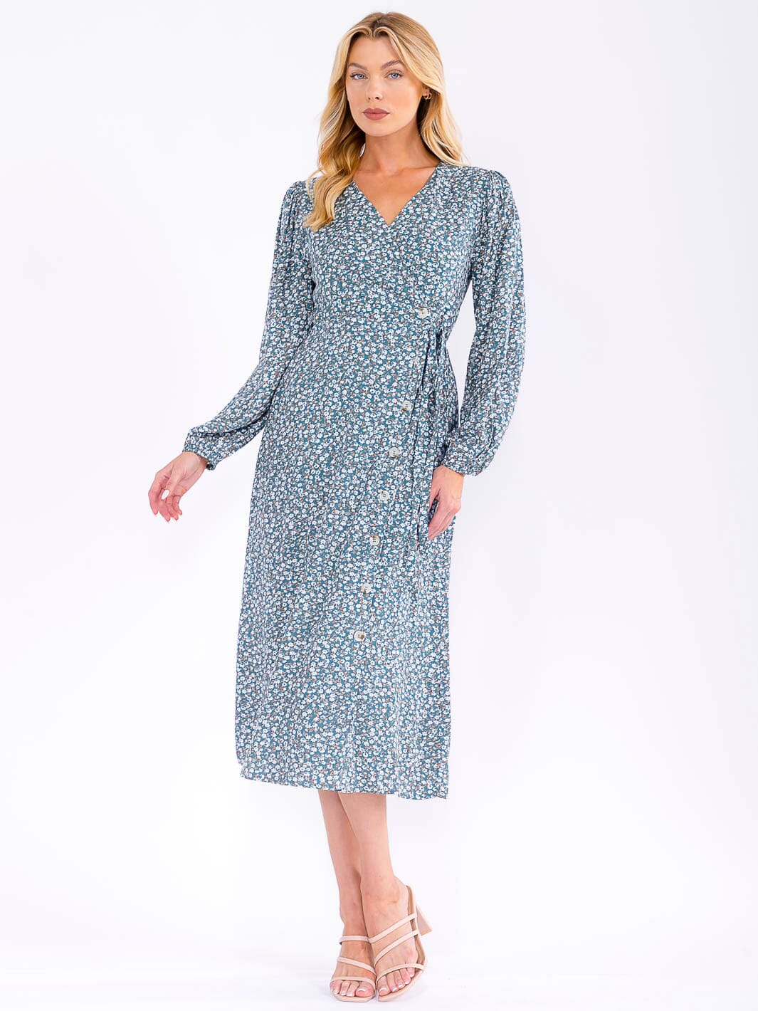 WOMEN'S LONG SLEEVE V-NECK WRAP FLORAL MIDI DRESS