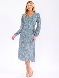 WOMEN'S LONG SLEEVE V-NECK WRAP FLORAL MIDI DRESS