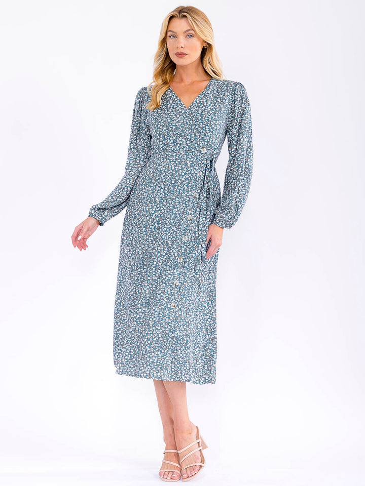 WOMEN'S LONG SLEEVE V-NECK WRAP FLORAL MIDI DRESS