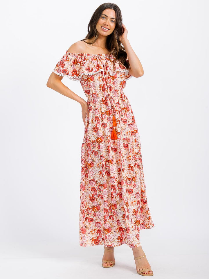 WOMEN'S RUFFLE SLEEVE ELASTIC WAIST TIERED FLORAL MAXI DRESS