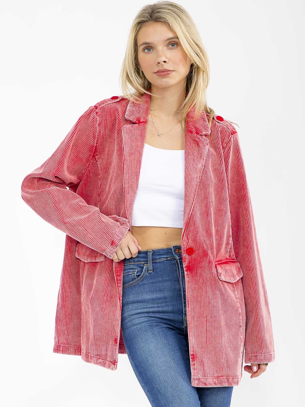 WOMEN'S LONG SLEEVE BUTTON CLOSURE FRONT POCKETS CORDUROY BLAZER