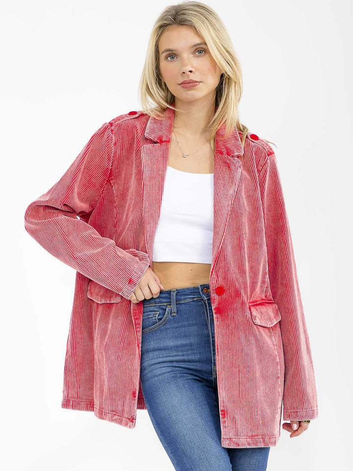 WOMEN'S LONG SLEEVE BUTTON CLOSURE FRONT POCKETS CORDUROY BLAZER