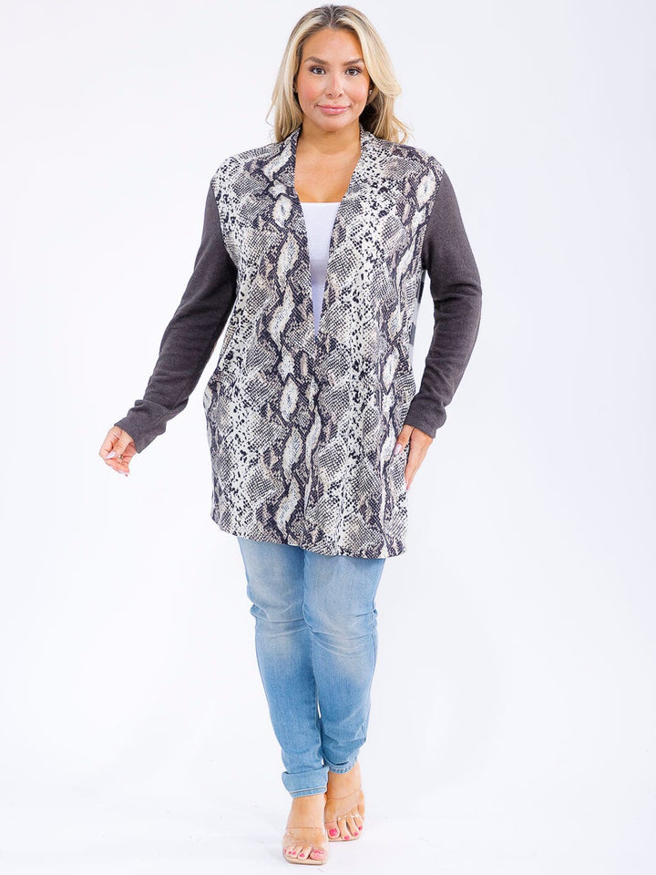 PLUS SIZE LONG SLEEVE OPEN FRONT POCKETS ANIMAL PRINT STRIPES CARDIGAN