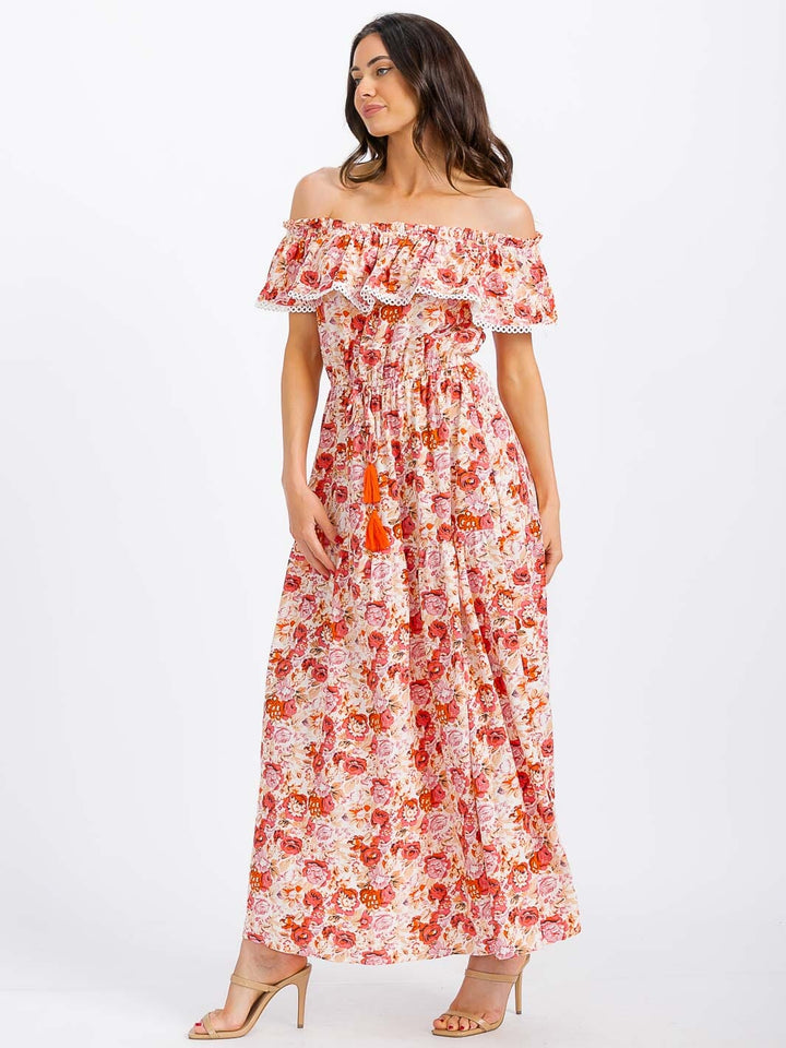 WOMEN'S RUFFLE SLEEVE ELASTIC WAIST TIERED FLORAL MAXI DRESS