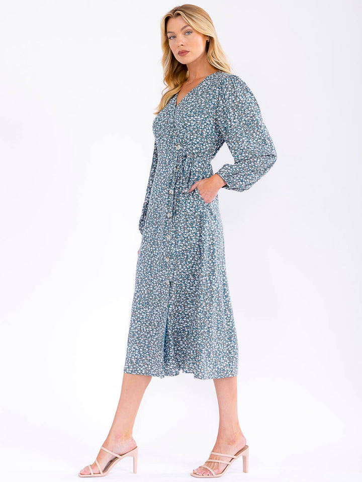 WOMEN'S LONG SLEEVE V-NECK WRAP FLORAL MIDI DRESS