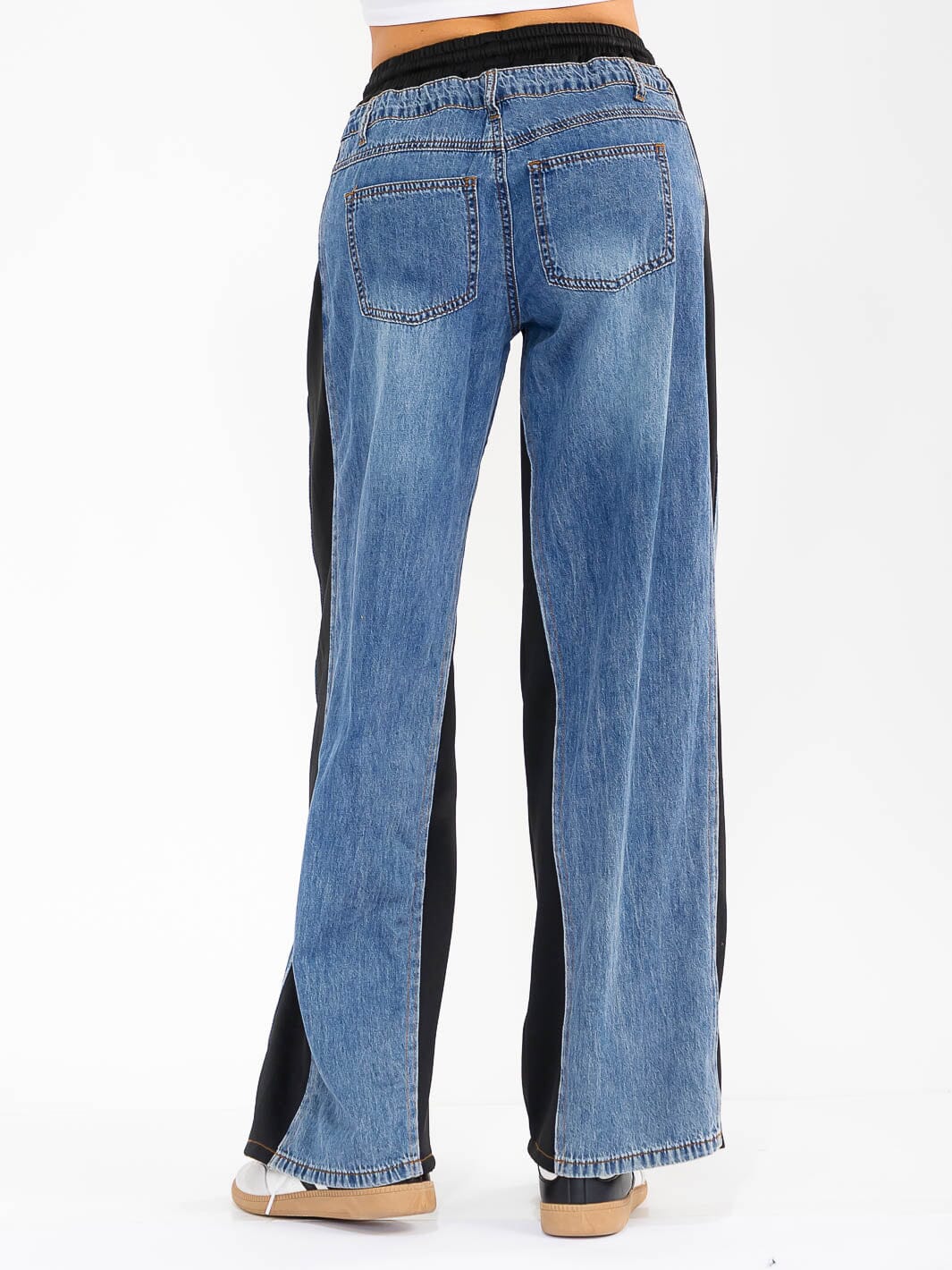 WOMEN'S ELASTIC WAIST SELF TIE POCKETS DENIM CONTRAST WIDE LEG WASHED PANTS