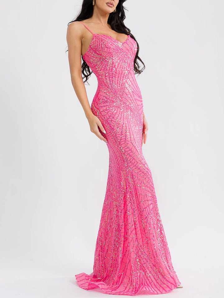 WOMEN'S SLEEVELESS V-NECK SEQUINS BODYCON MAXI DRESS