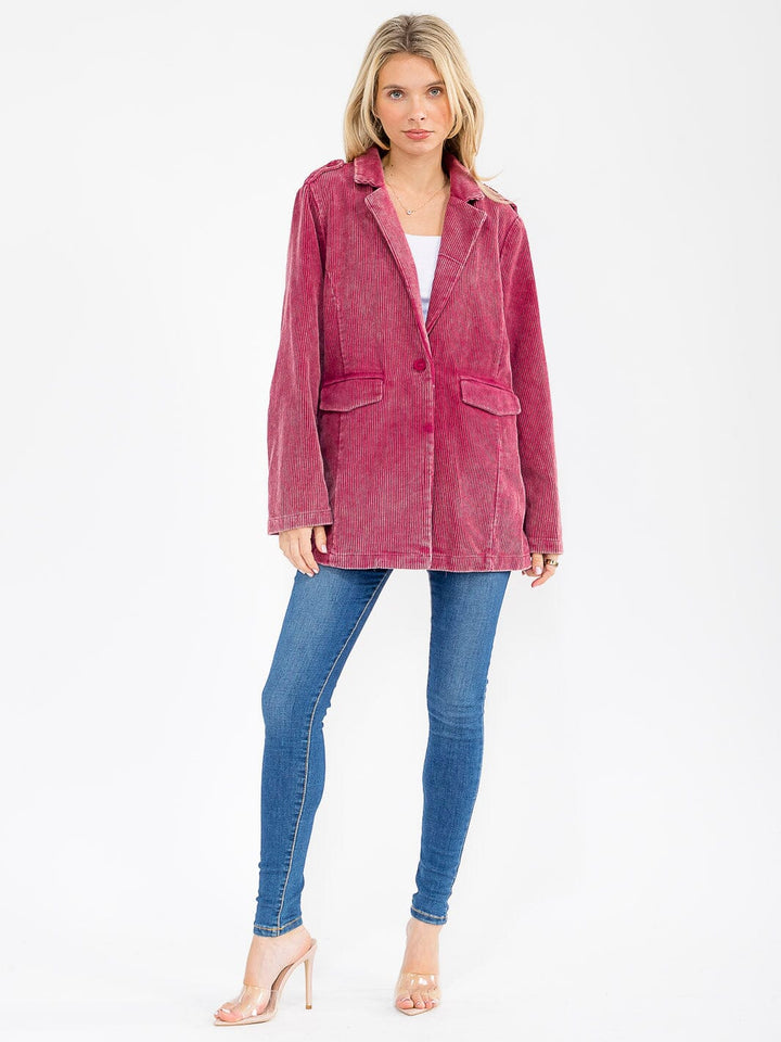 WOMEN'S LONG SLEEVE BUTTON CLOSURE FRONT POCKETS CORDUROY BLAZER