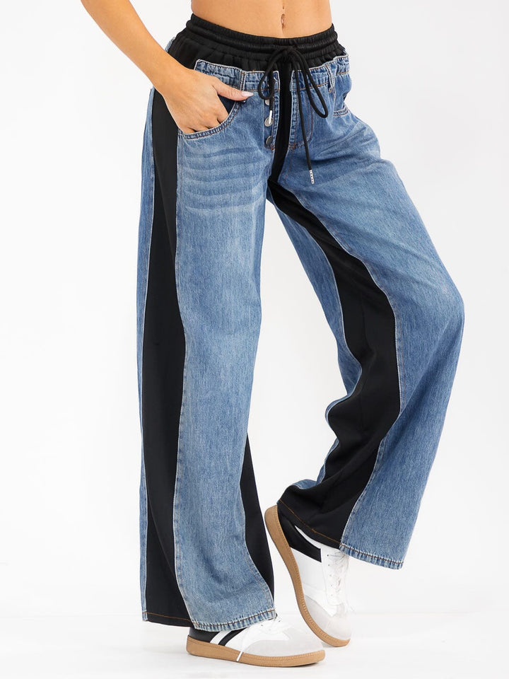 WOMEN'S ELASTIC WAIST SELF TIE POCKETS DENIM CONTRAST WIDE LEG WASHED PANTS