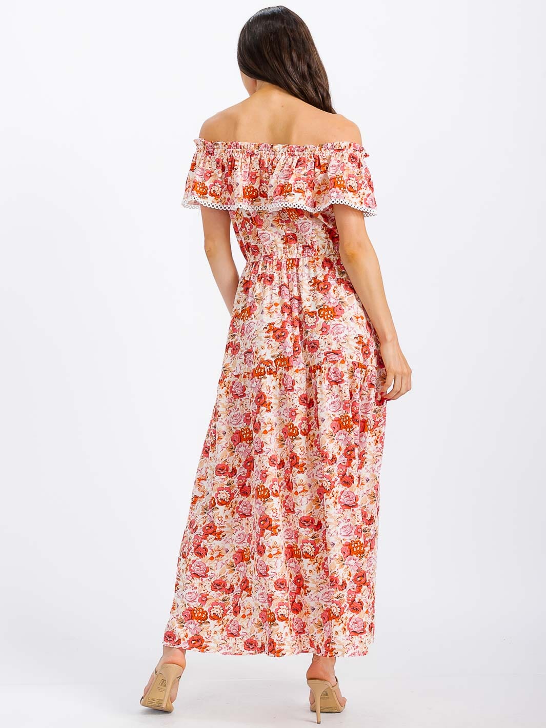 WOMEN'S RUFFLE SLEEVE ELASTIC WAIST TIERED FLORAL MAXI DRESS