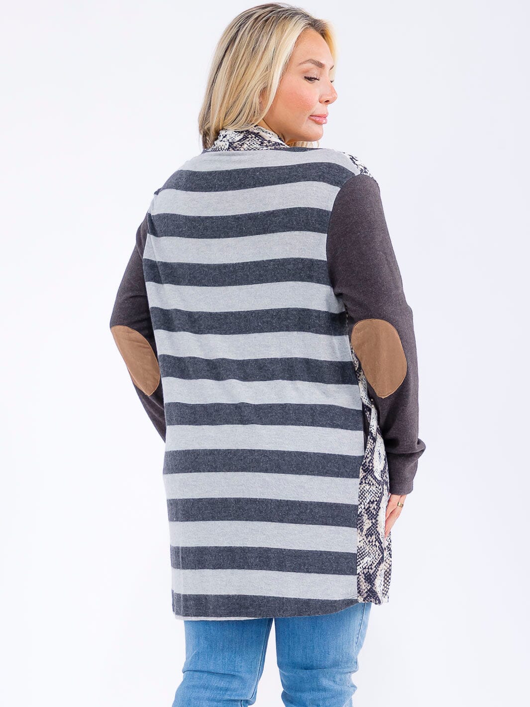 PLUS SIZE LONG SLEEVE OPEN FRONT POCKETS ANIMAL PRINT STRIPES CARDIGAN