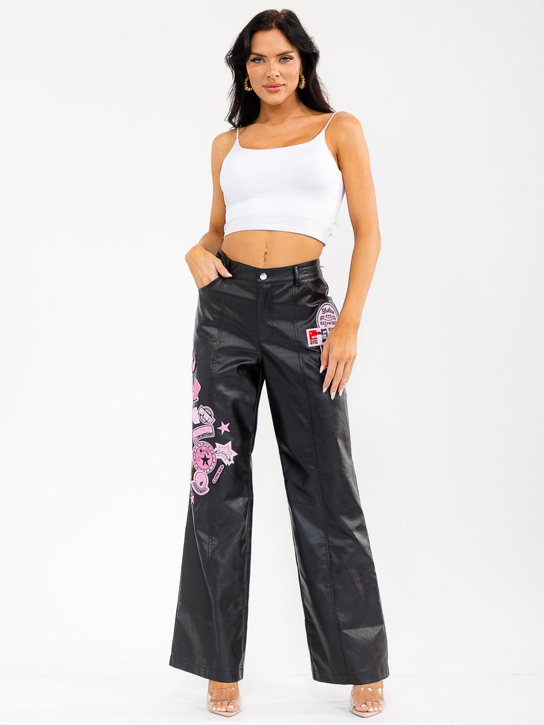 WOMEN'S BUTTON CLOSURE PU PLEATHER GRAPHIC WIDE LEG PANTS