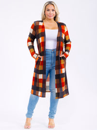 PLUS SIZE LONG SLEEVE OPEN FRONT POCKETS PLAID CARDIGAN