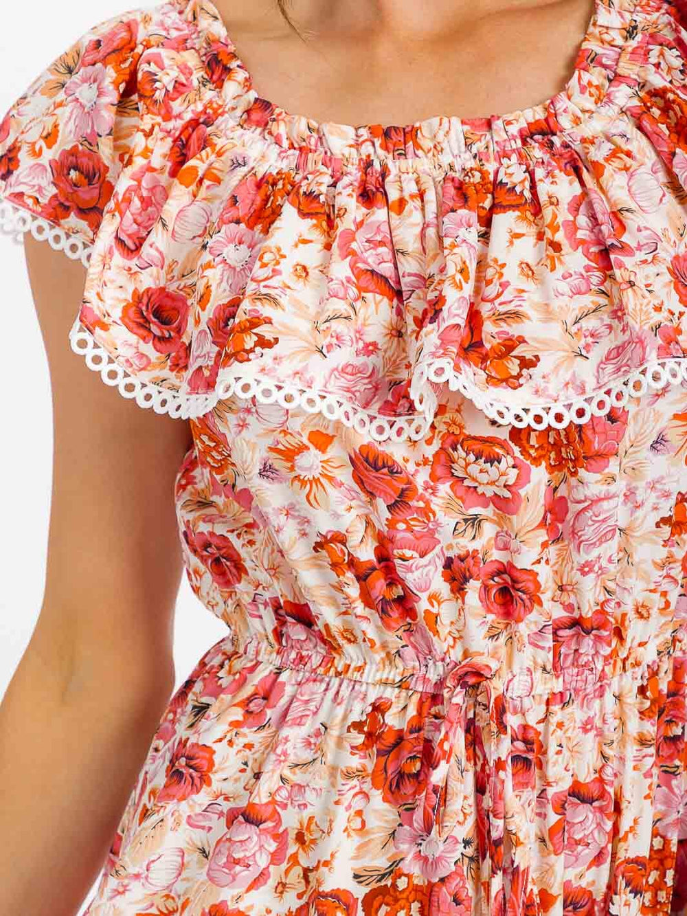 WOMEN'S RUFFLE SLEEVE ELASTIC WAIST TIERED FLORAL MAXI DRESS