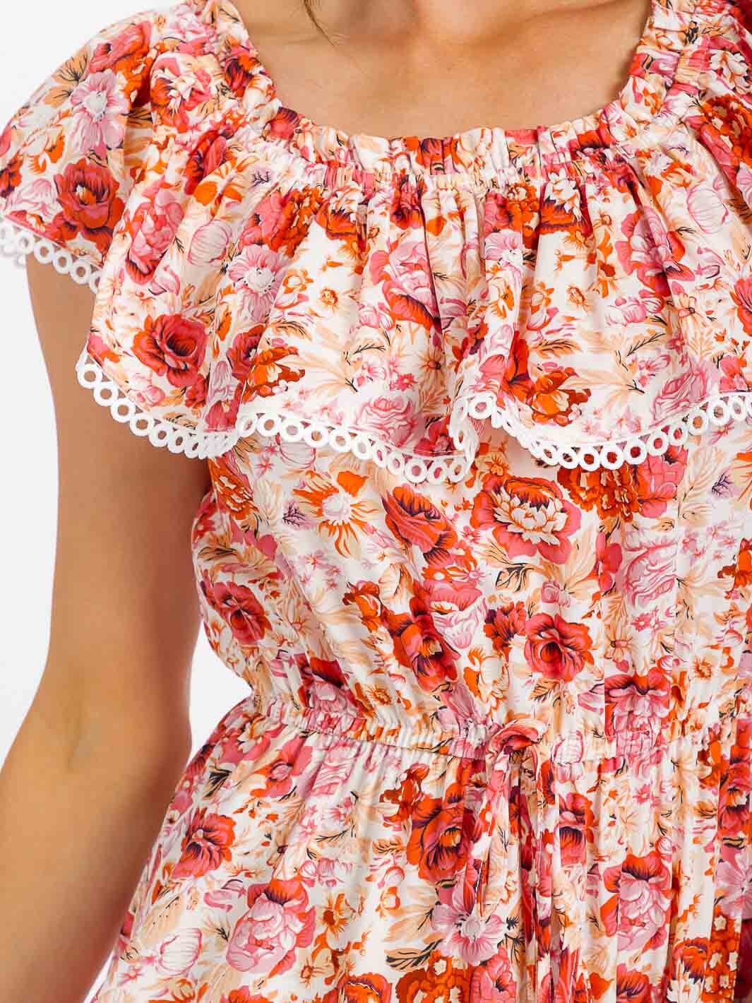 WOMEN'S RUFFLE SLEEVE ELASTIC WAIST TIERED FLORAL MAXI DRESS