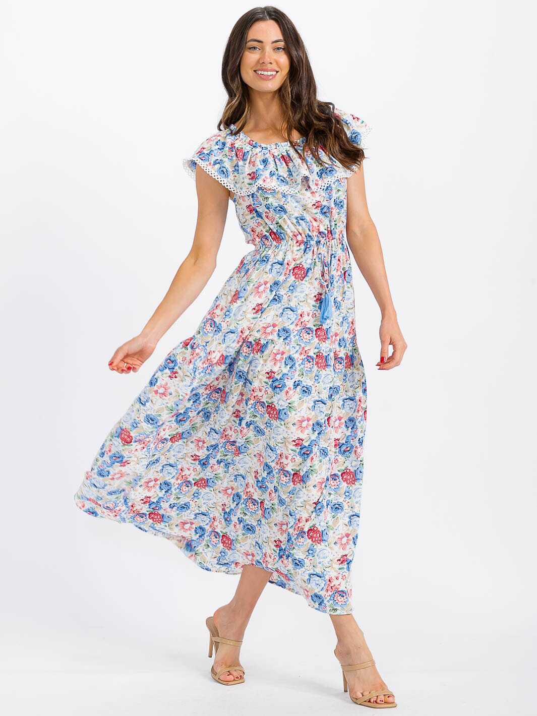 WOMEN'S RUFFLE SLEEVE ELASTIC WAIST TIERED FLORAL MAXI DRESS