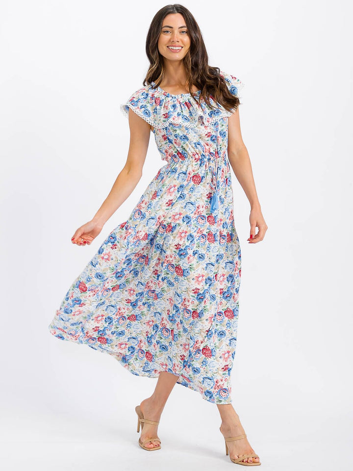 WOMEN'S RUFFLE SLEEVE ELASTIC WAIST TIERED FLORAL MAXI DRESS
