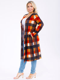 PLUS SIZE LONG SLEEVE OPEN FRONT POCKETS PLAID CARDIGAN