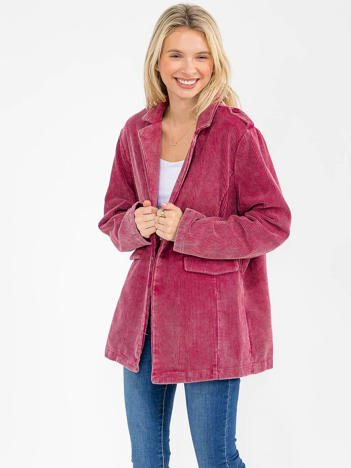 WOMEN'S LONG SLEEVE BUTTON CLOSURE FRONT POCKETS CORDUROY BLAZER