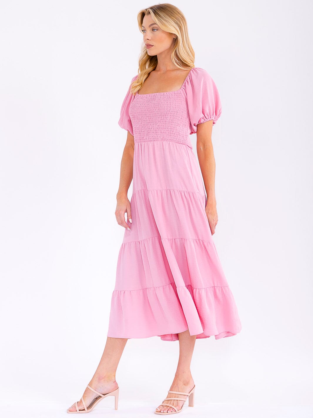 WOMEN'S SHORT PUFF SLEEVE SQUARE NECK SMOCK TIERED MAXI DRESS