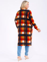 PLUS SIZE LONG SLEEVE OPEN FRONT POCKETS PLAID CARDIGAN