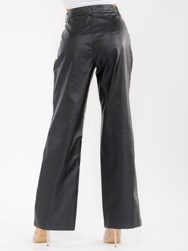 WOMEN'S BUTTON CLOSURE PU PLEATHER GRAPHIC WIDE LEG PANTS