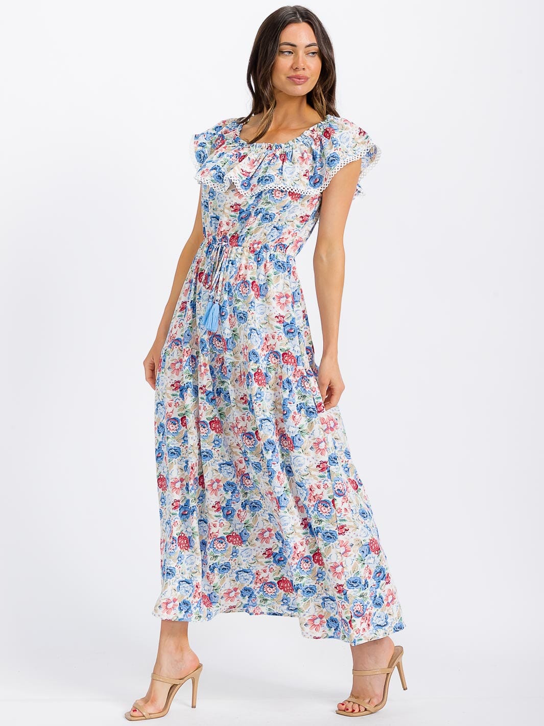 WOMEN'S RUFFLE SLEEVE ELASTIC WAIST TIERED FLORAL MAXI DRESS