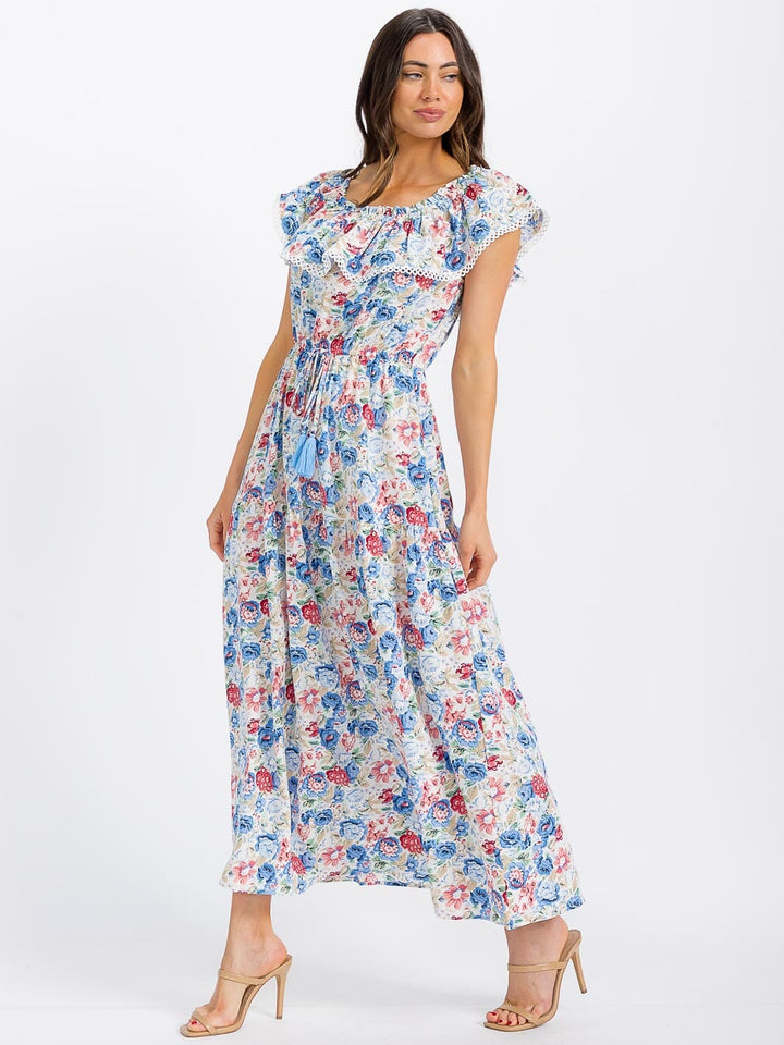 WOMEN'S RUFFLE SLEEVE ELASTIC WAIST TIERED FLORAL MAXI DRESS