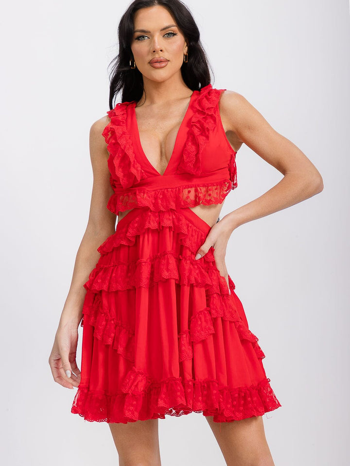 WOMEN'S SLEEVELESS V-NECK OPEN BACK RUFFLE DETAILED MINI DRESS