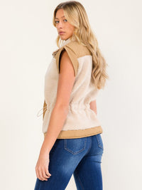 WOMEN'S SLEEVELESS BUTTON CLOSURE ADJUSTABLE WAIST SHERPA CONTRAST VEST