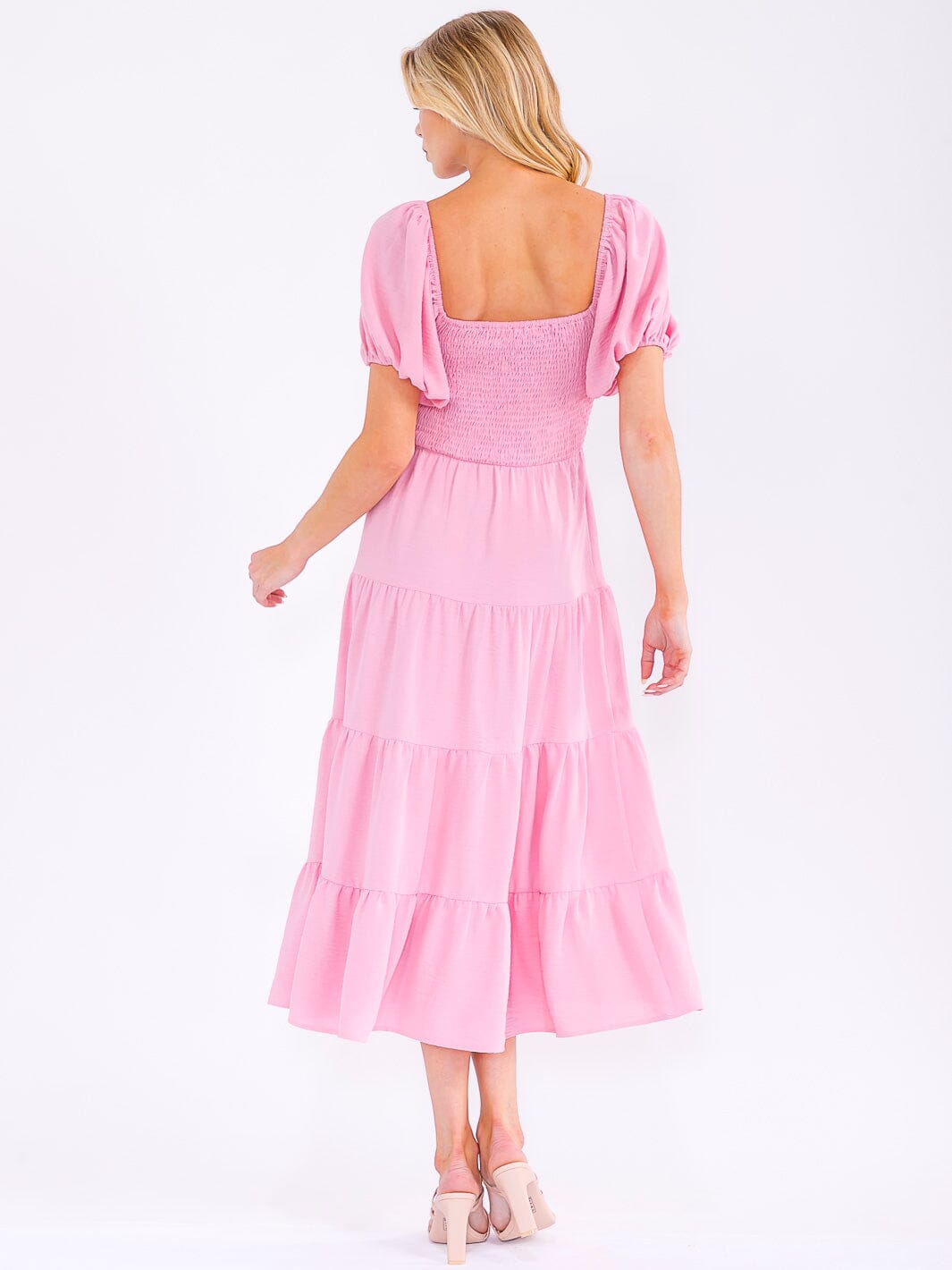 WOMEN'S SHORT PUFF SLEEVE SQUARE NECK SMOCK TIERED MAXI DRESS