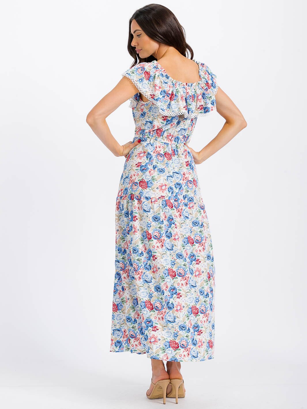 WOMEN'S RUFFLE SLEEVE ELASTIC WAIST TIERED FLORAL MAXI DRESS