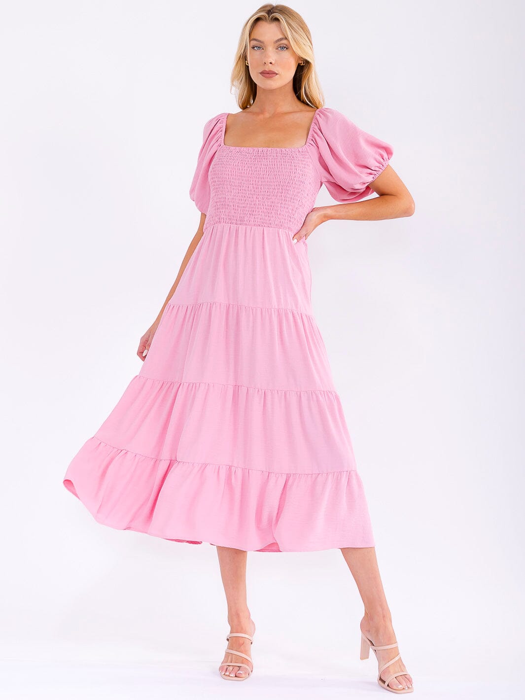 WOMEN'S SHORT PUFF SLEEVE SQUARE NECK SMOCK TIERED MAXI DRESS