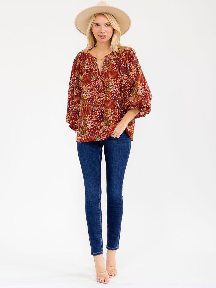 WOMEN'S LONG SLEEVE V-NECK FLORAL PRINT BLOUSE