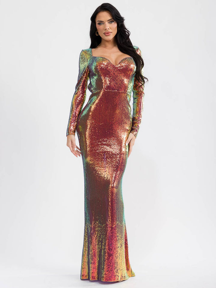 WOMEN'S LONG SLEEVE V-NECK OPEN BACK BODYCON MAXI DRESS