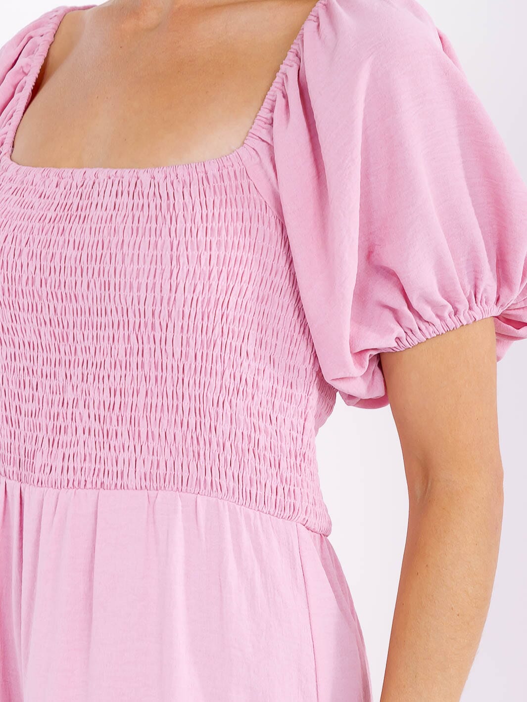 WOMEN'S SHORT PUFF SLEEVE SQUARE NECK SMOCK TIERED MAXI DRESS