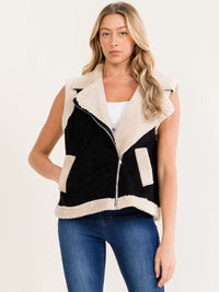 WOMEN'S SLEEVELESS ZIP UP FRONT POCKETS COLORBLOCK SHERPA VEST