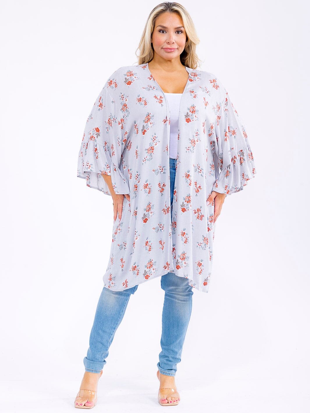 PLUS SIZE 3/4 RUFFLE SLEEVE OPEN FLORAL CARDIGAN