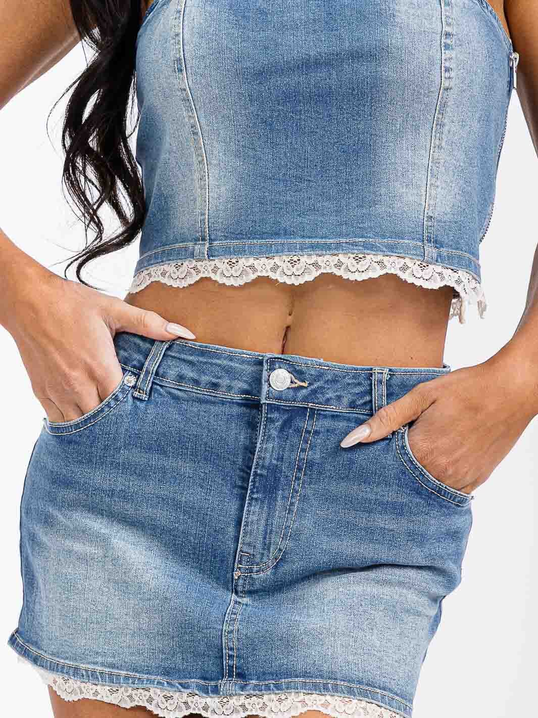 WOMEN'S SLEEVELESS CROP TOP & BUTTON CLOSURE MINI SKIRT WASHED DENIM 2PC. SET