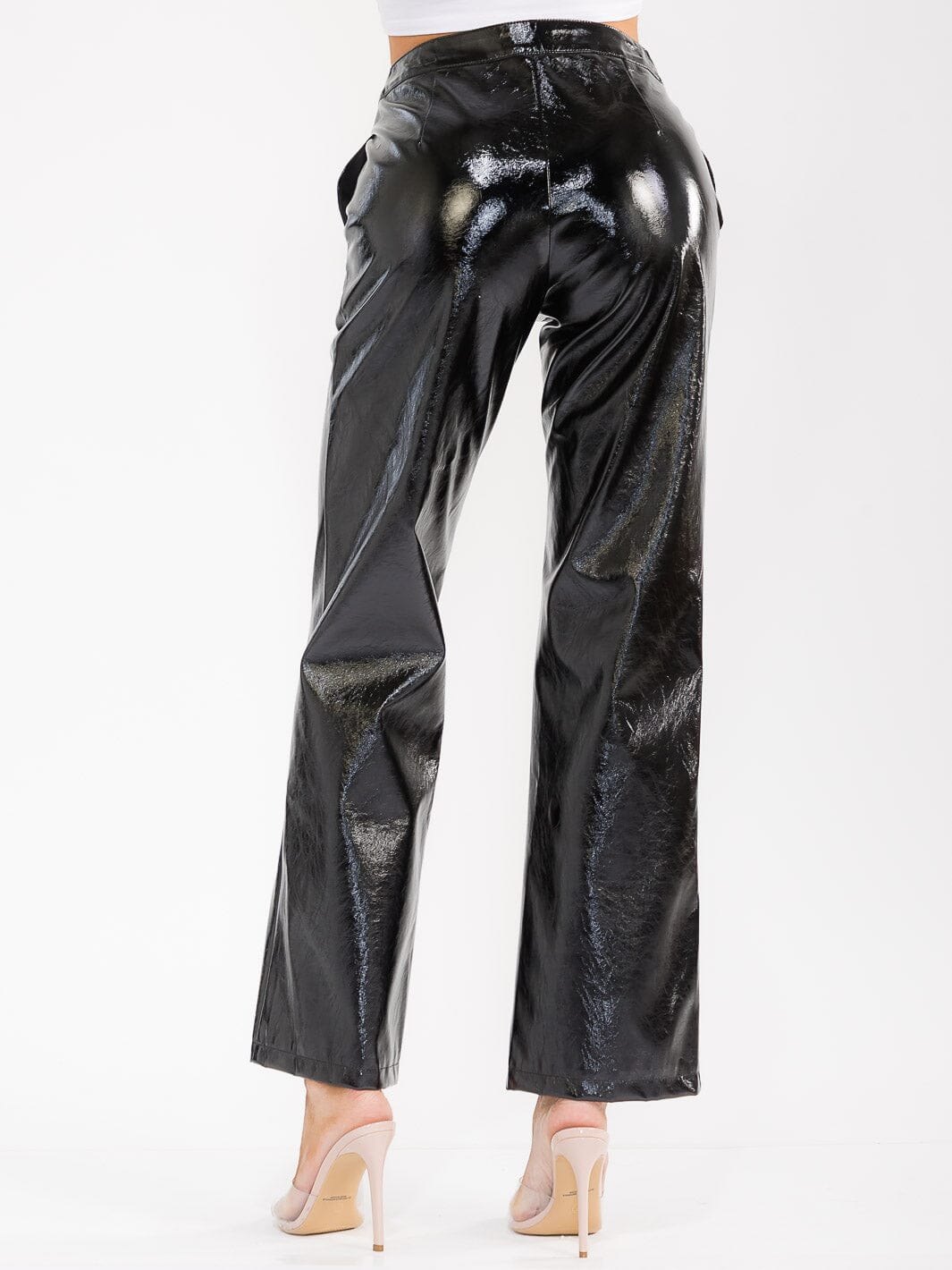 WOMEN'S BUTTON CLOSURE PU PLEATHER DETAILED WIDE LEG PANTS