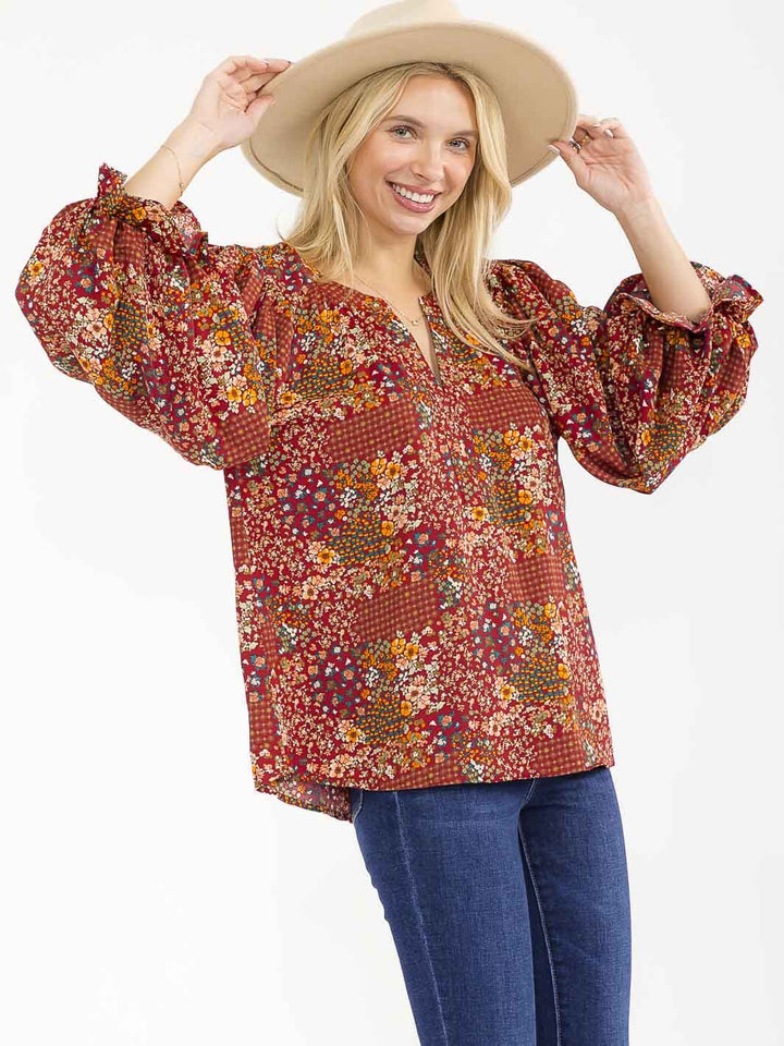 WOMEN'S LONG SLEEVE V-NECK FLORAL PRINT BLOUSE