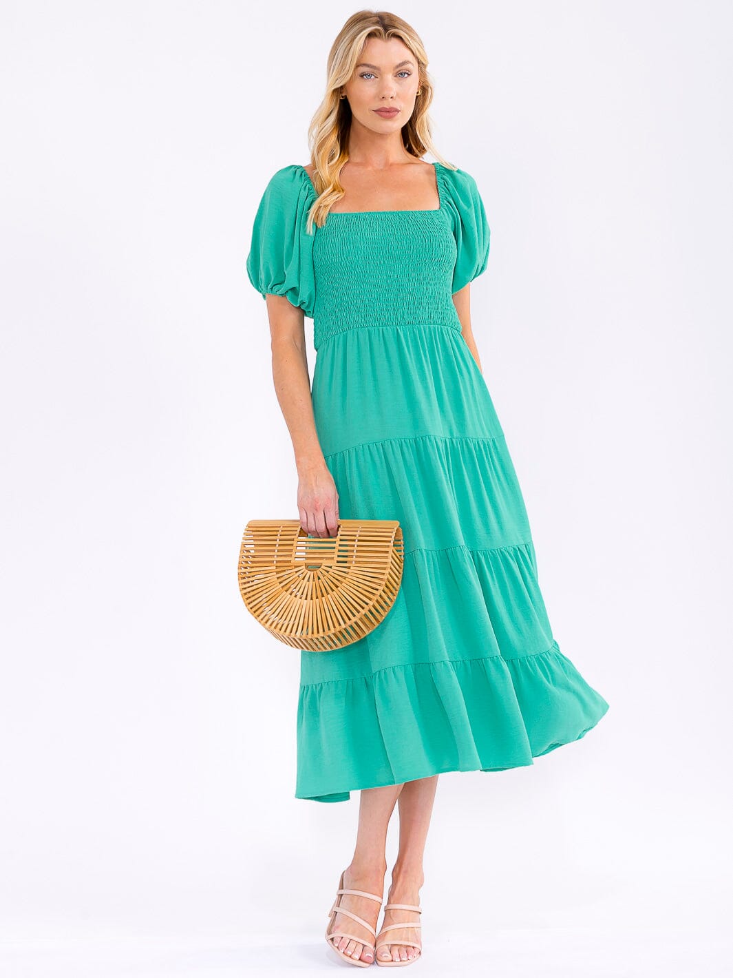 WOMEN'S SHORT PUFF SLEEVE SQUARE NECK SMOCK TIERED MAXI DRESS