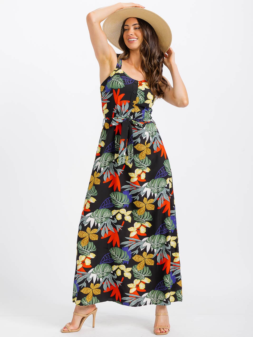 WOMEN'S SLEEVELESS BUTTON UP SMOCK SELF TIE FLORAL MAXI DRESS