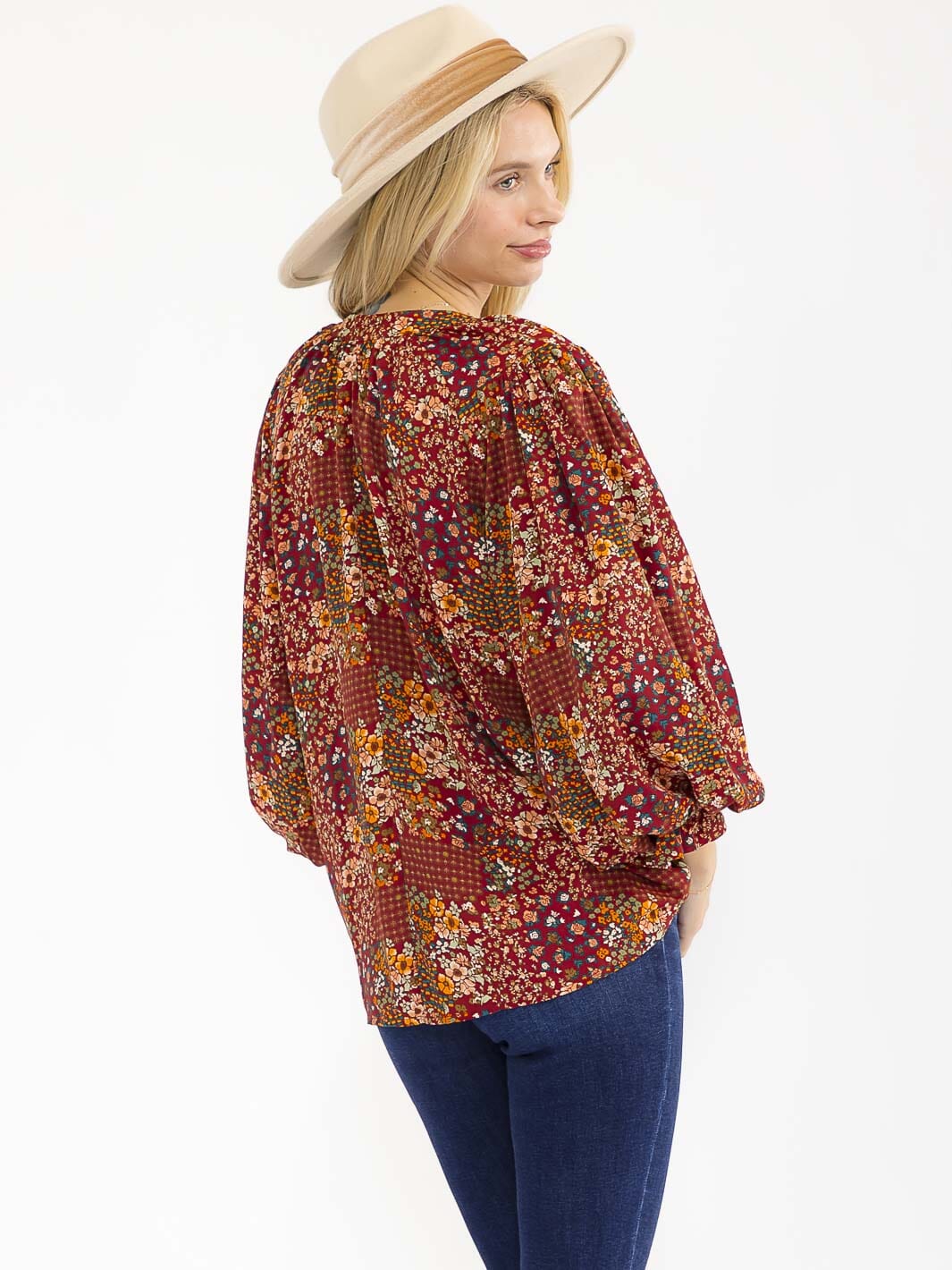 WOMEN'S LONG SLEEVE V-NECK FLORAL PRINT BLOUSE