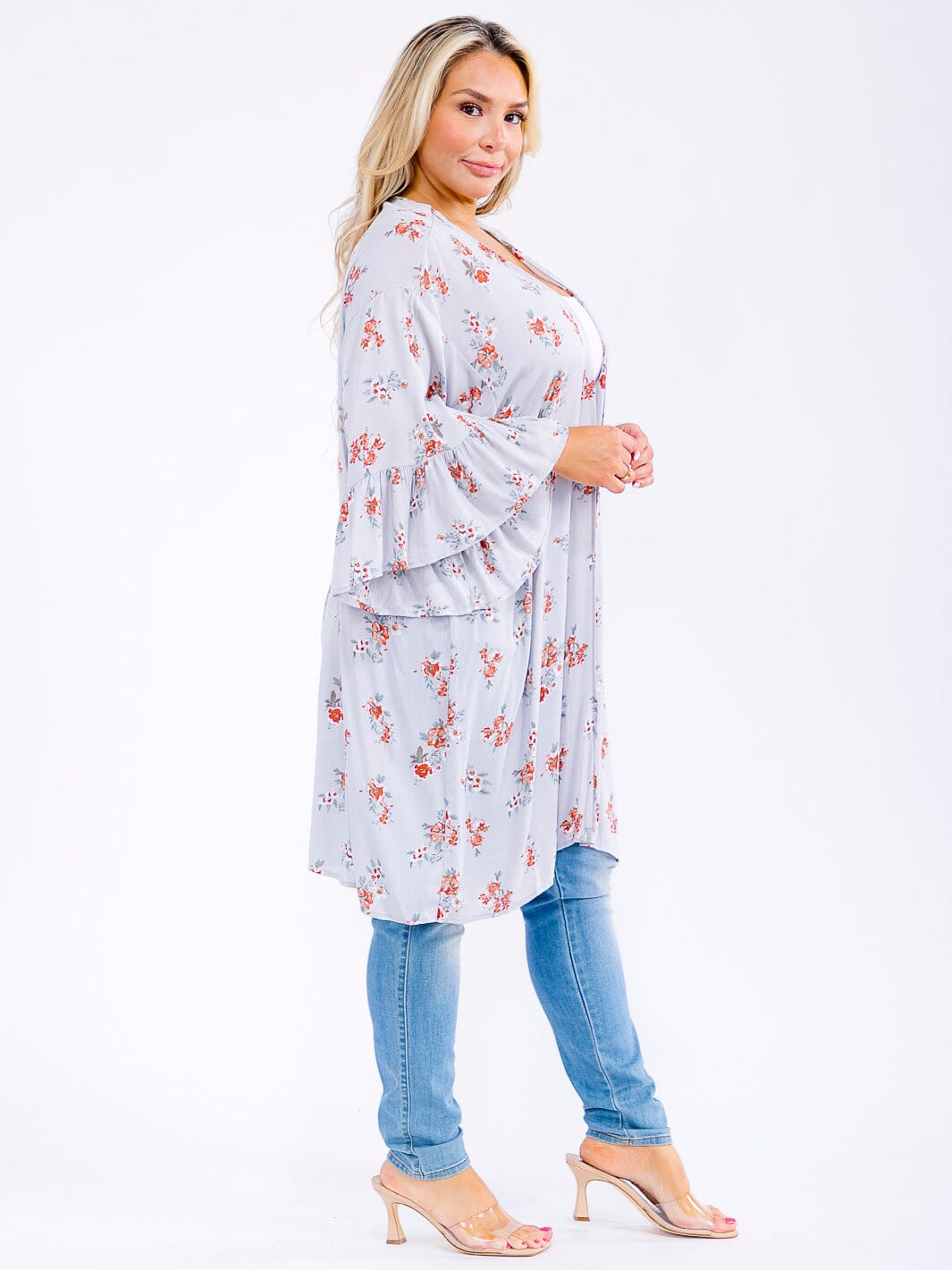 PLUS SIZE 3/4 RUFFLE SLEEVE OPEN FLORAL CARDIGAN