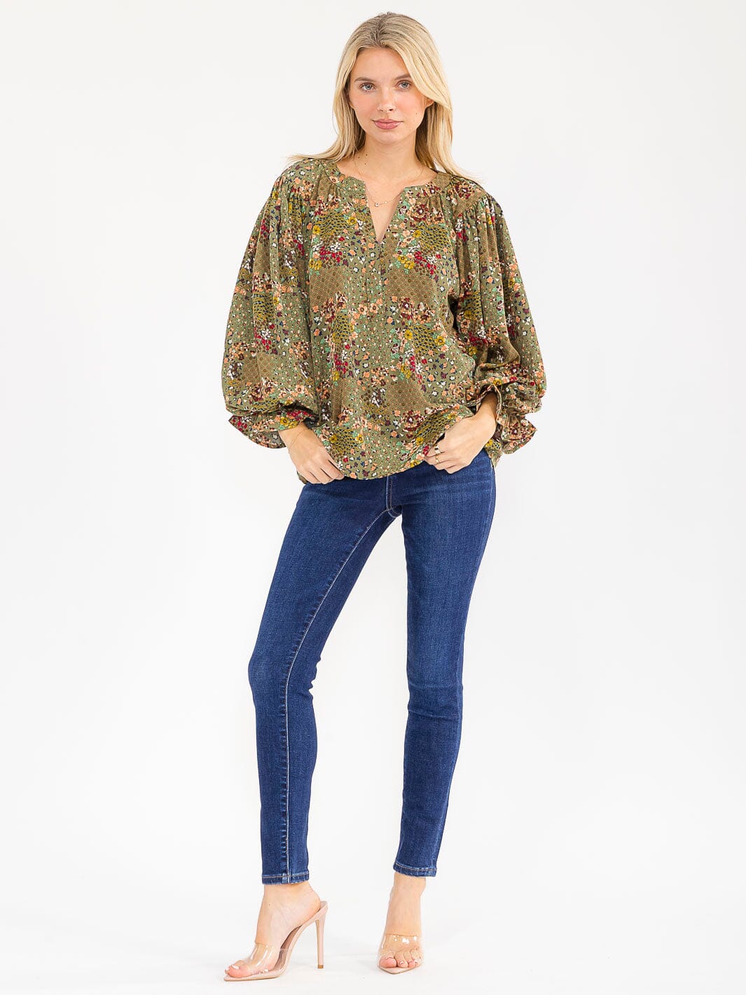WOMEN'S LONG SLEEVE V-NECK FLORAL PRINT BLOUSE